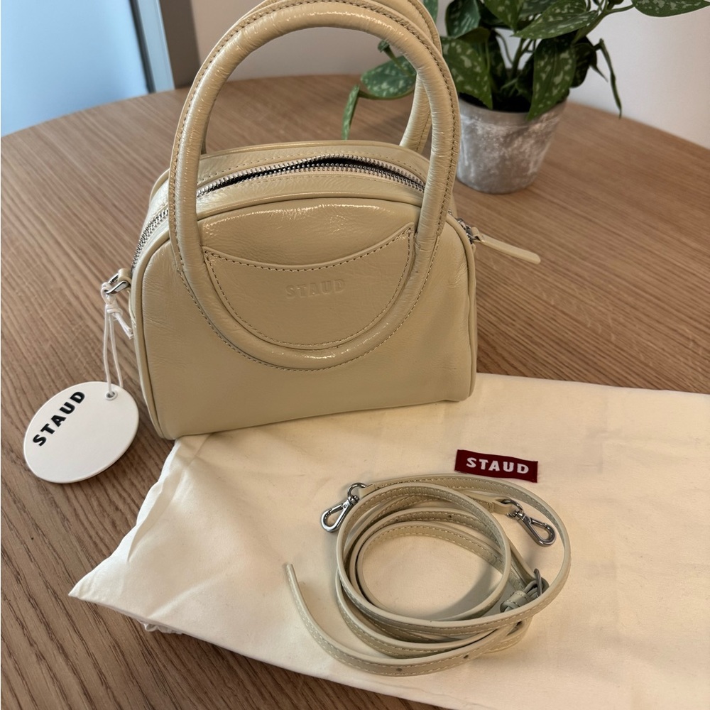Staud Mini Maude Top Handle Bowler Bag in cream color